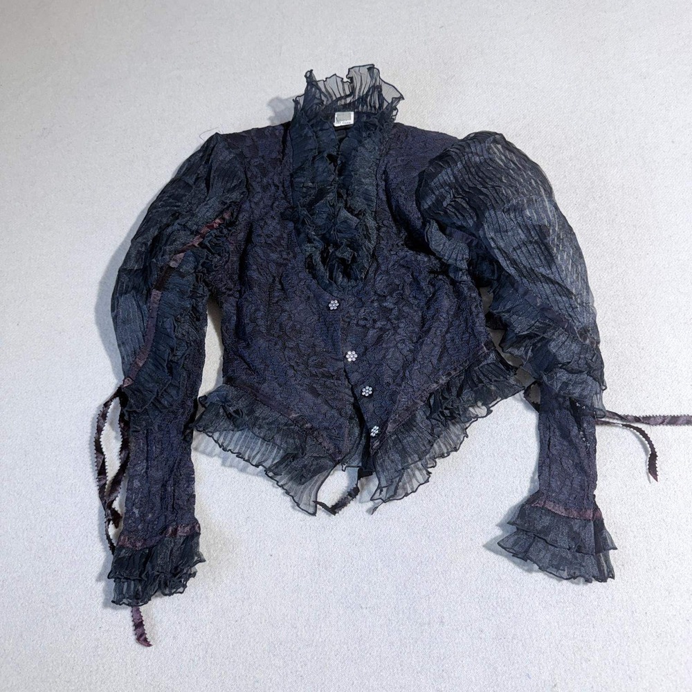 Vintage Gothic Lace Ruffle Blouse Black Iridescent Shimmer Puff Sleeve Size 5